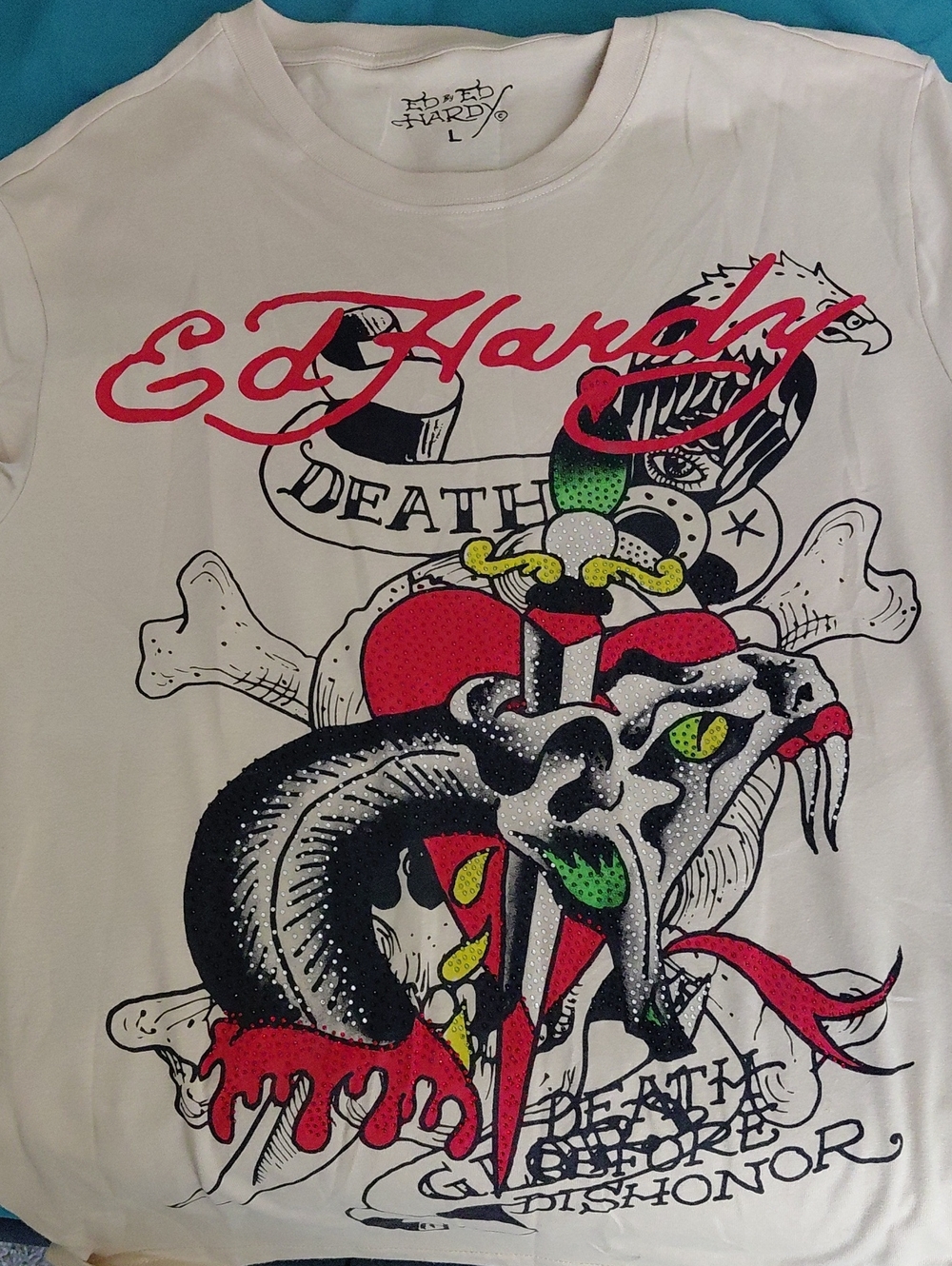 Ed Hardy Mens White Graphic Tee with Bold Multi-Color Skull Design